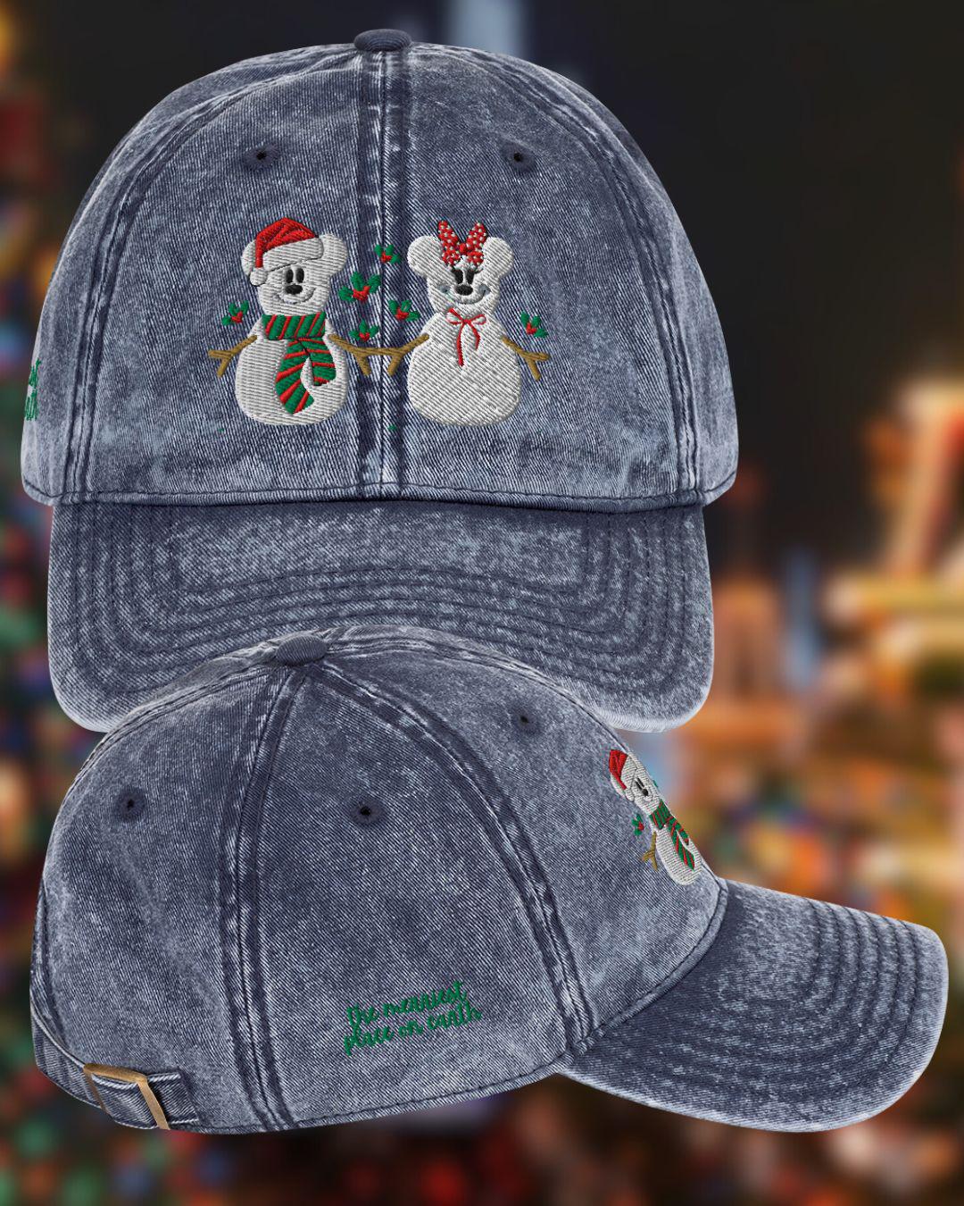 Disney Christmas Embroidered Hat, Mickey and Minnie, Vintage Cotton Twill