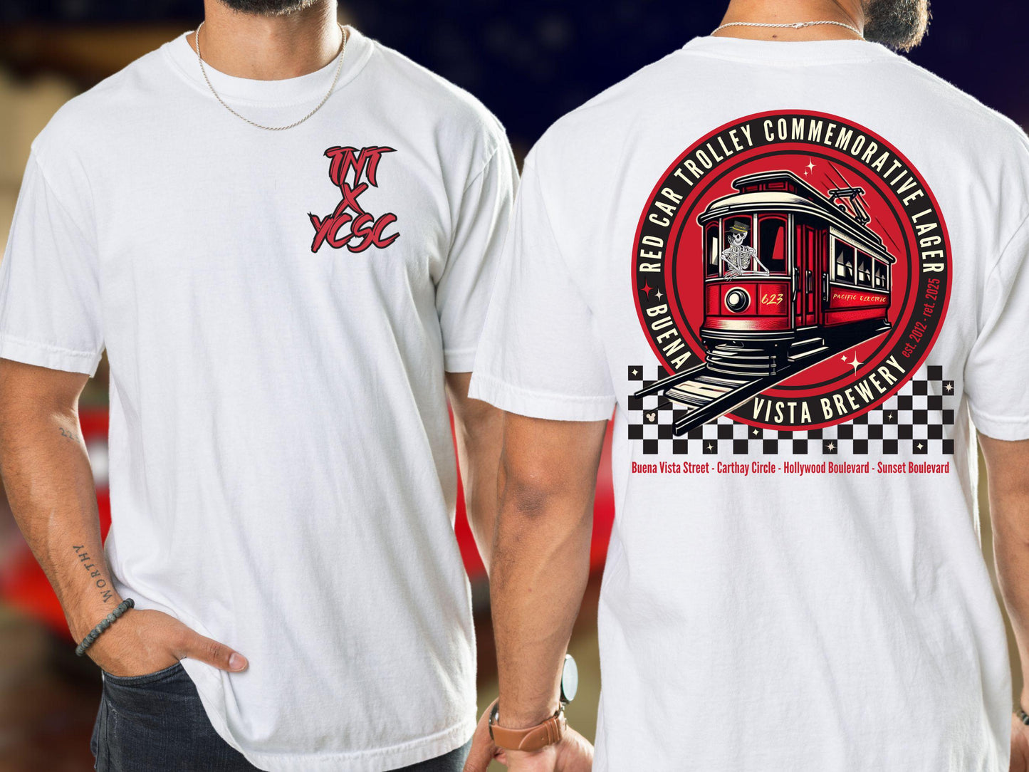 Red Car Trolley Disney Shirt, Yellow Cup Social Club Collab