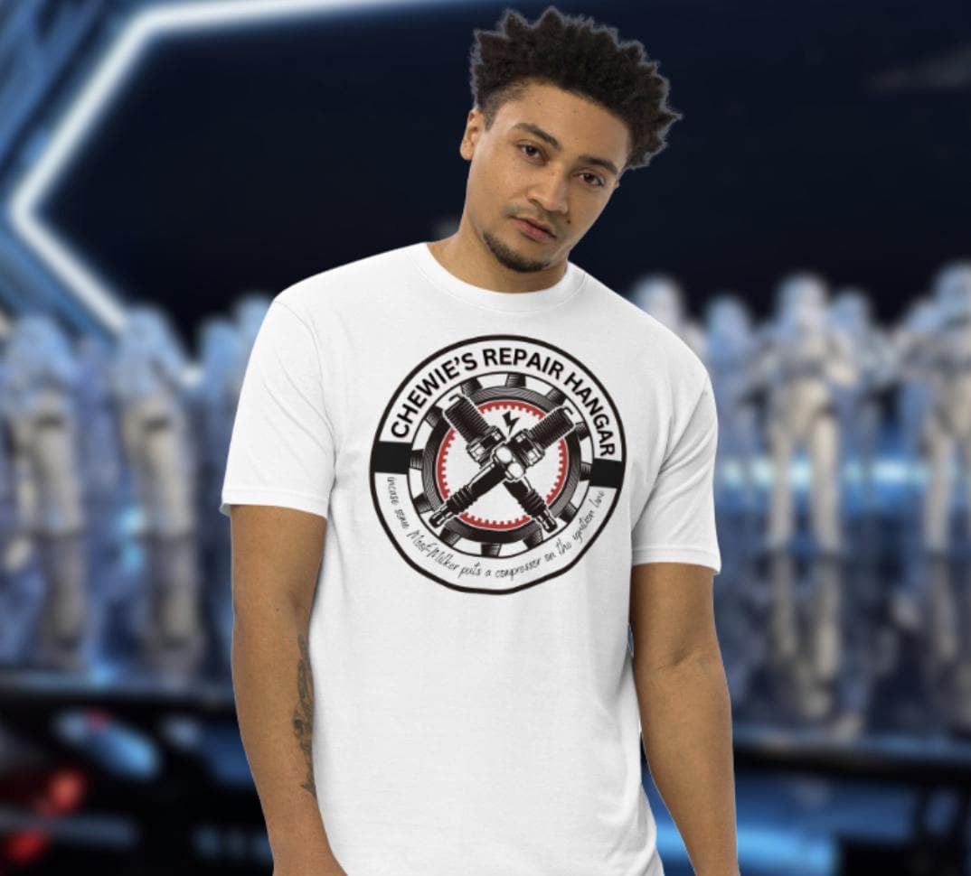Chewie's Repair Hangar T-Shirt: Subtle Star Wars Design, Tall Length