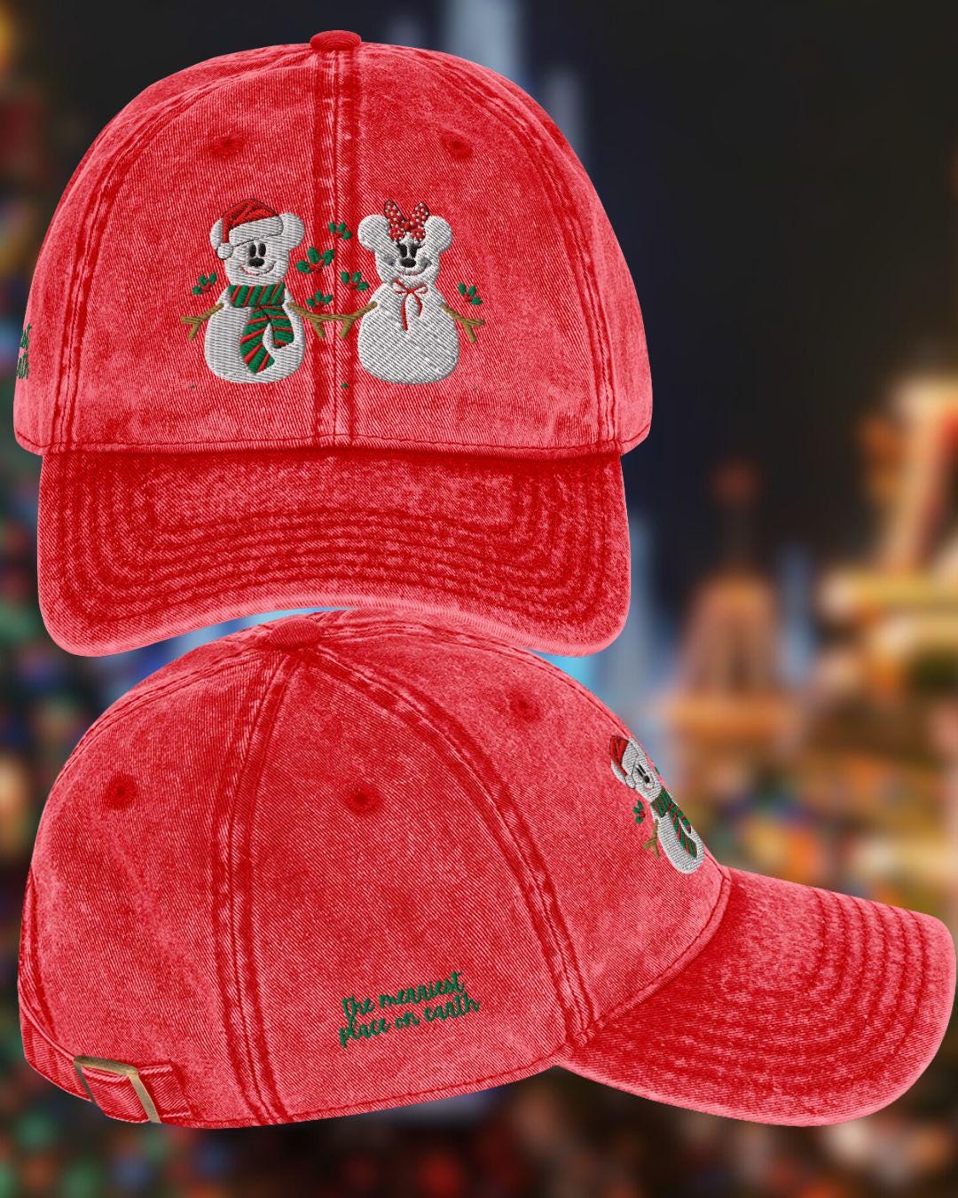 Disney Christmas Embroidered Hat, Mickey and Minnie, Vintage Cotton Twill